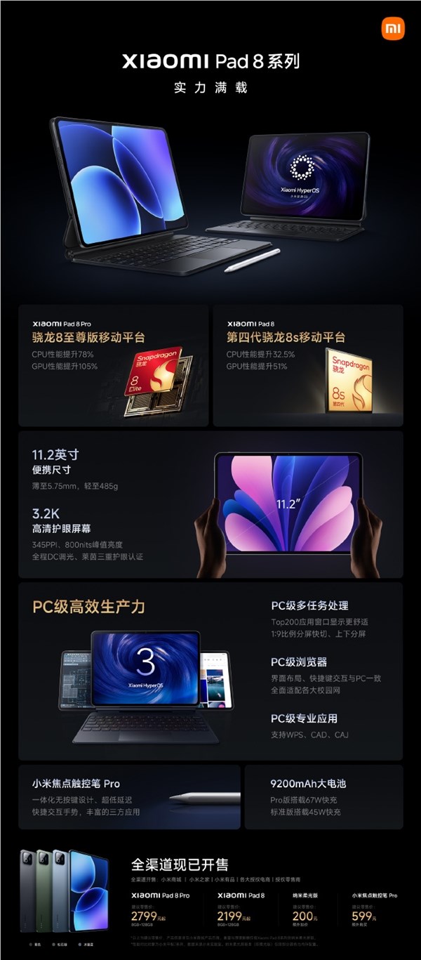 2799元起！小米平板8 Pro发布：骁龙8至尊版旗舰、能玩PC游戏！